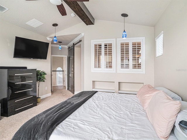 carpeted bedroom featuring baseboards, visible vents, vaulted ceiling with beams, ceiling fan, and a barn door