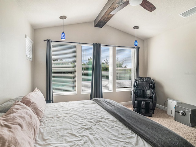 bedroom featuring visible vents, a ceiling fan, carpet flooring, baseboards, and vaulted ceiling with beams