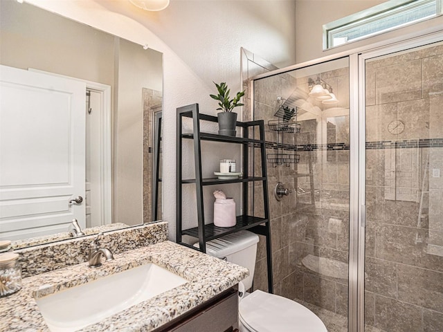 bathroom featuring vanity, toilet, and a stall shower