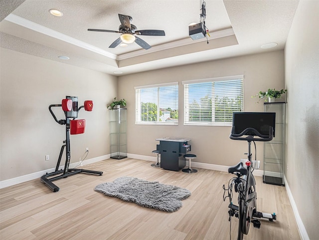 exercise room featuring a textured ceiling, a raised ceiling, and wood finished floors