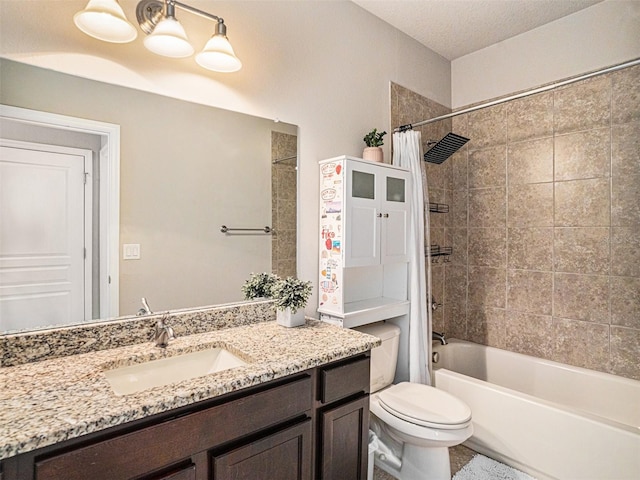 full bathroom with toilet, vanity, and shower / bath combination with curtain