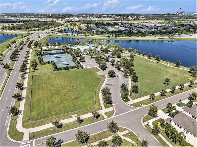 aerial view featuring a water view