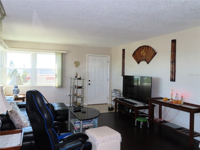 living room with a textured ceiling