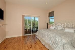 bedroom featuring multiple windows, wood finished floors, baseboards, and access to exterior