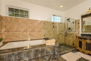 bathroom featuring vanity, a garden tub, and a stall shower