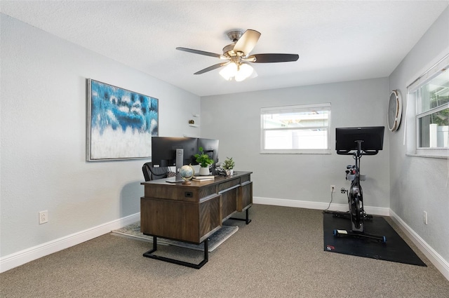 office space with a ceiling fan, carpet, baseboards, and a textured ceiling