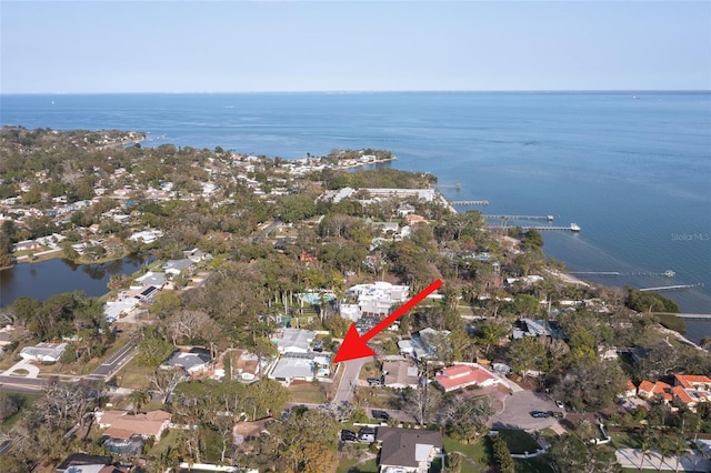 aerial view with a water view and a residential view