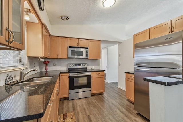 kitchen featuring wood finished floors, visible vents, a sink, appliances with stainless steel finishes, and tasteful backsplash