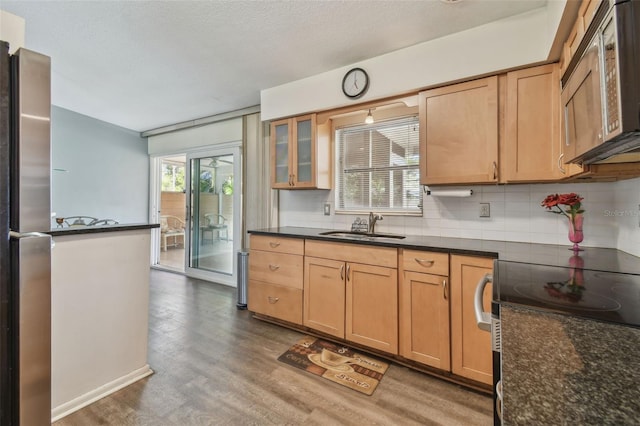 kitchen featuring plenty of natural light, wood finished floors, appliances with stainless steel finishes, and a sink