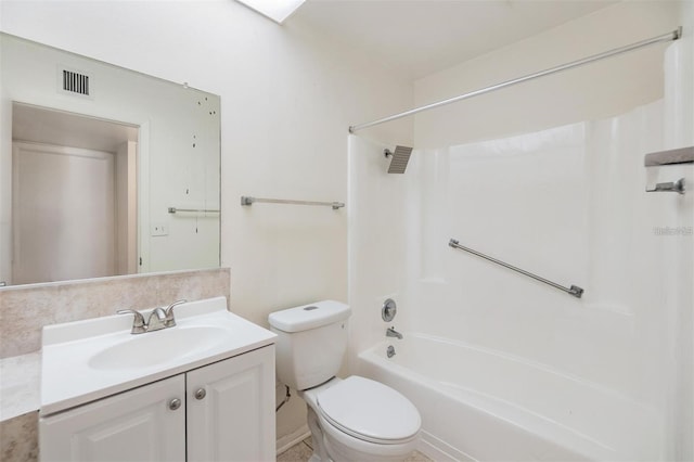 full bathroom featuring visible vents, toilet, vanity, and shower / bathing tub combination