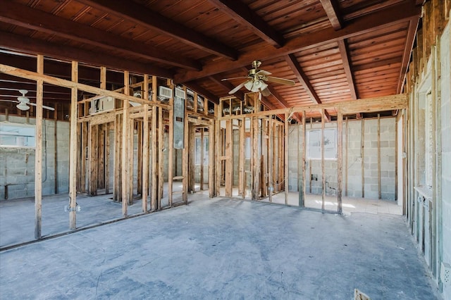 misc room with ceiling fan and vaulted ceiling