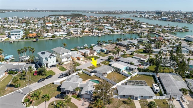 aerial view featuring a residential view and a water view