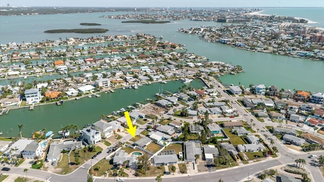 aerial view featuring a residential view and a water view