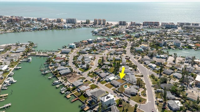 drone / aerial view featuring a water view