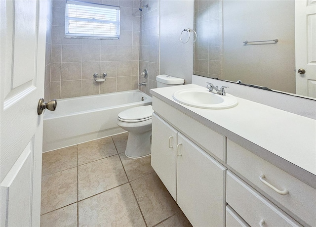 full bath featuring tile patterned floors, toilet,  shower combination, and vanity