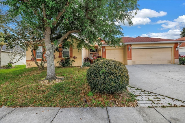 ranch-style house with a front lawn, an attached garage, driveway, and stucco siding