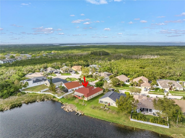 bird's eye view featuring a residential view and a water view