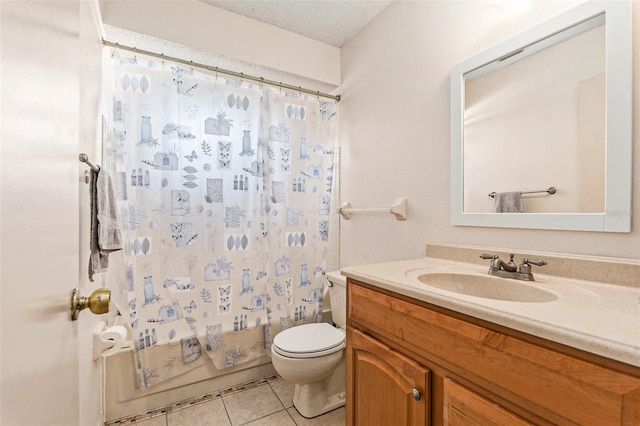 full bath with tile patterned floors, toilet, shower / bath combo, a textured ceiling, and vanity