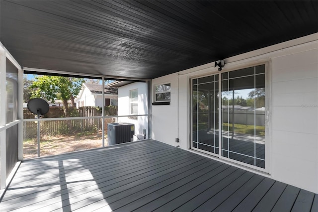 deck featuring central air condition unit and fence