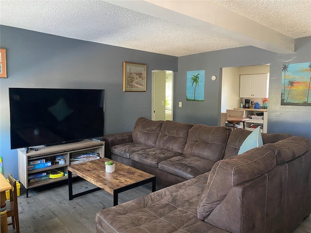 living area featuring wood finished floors and a textured ceiling