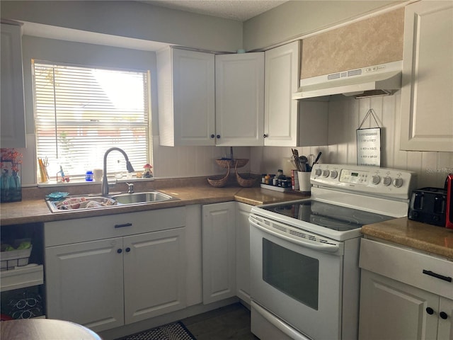 kitchen with under cabinet range hood, white cabinetry, white electric range, and a sink