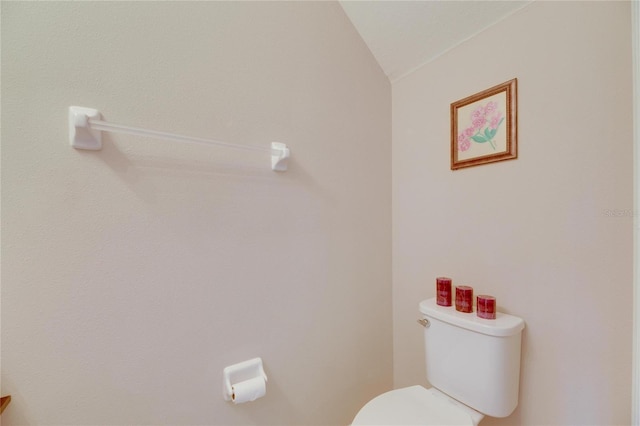 bathroom with toilet and lofted ceiling