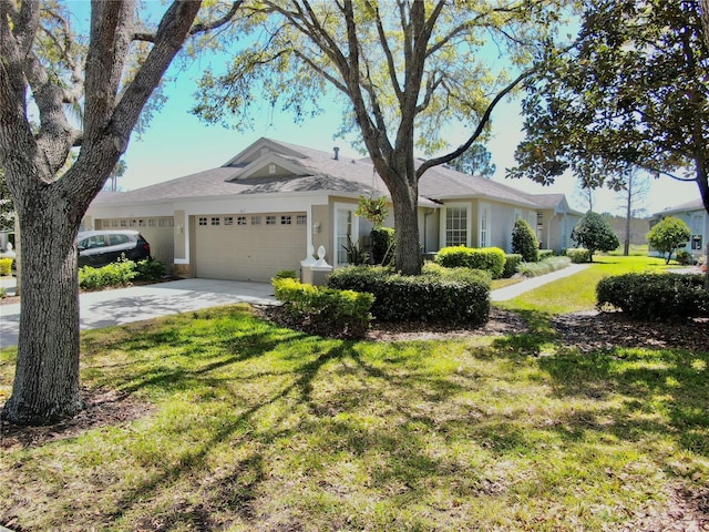 ranch-style house featuring a front yard, a garage, driveway, and stucco siding