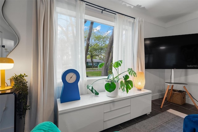 interior space with dark tile patterned flooring and plenty of natural light