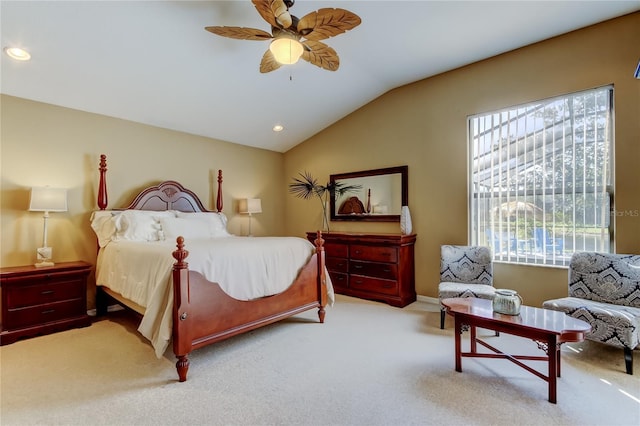 bedroom with carpet floors, recessed lighting, a ceiling fan, and vaulted ceiling