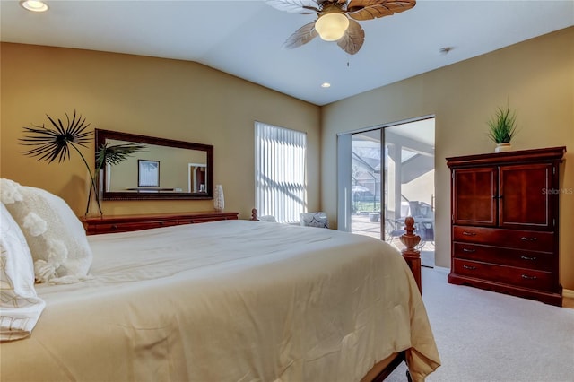 carpeted bedroom with recessed lighting, ceiling fan, vaulted ceiling, and access to outside