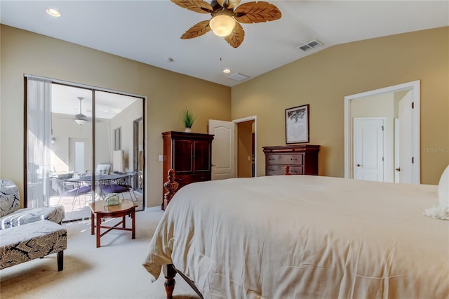 bedroom with visible vents, a ceiling fan, a closet, carpet flooring, and vaulted ceiling