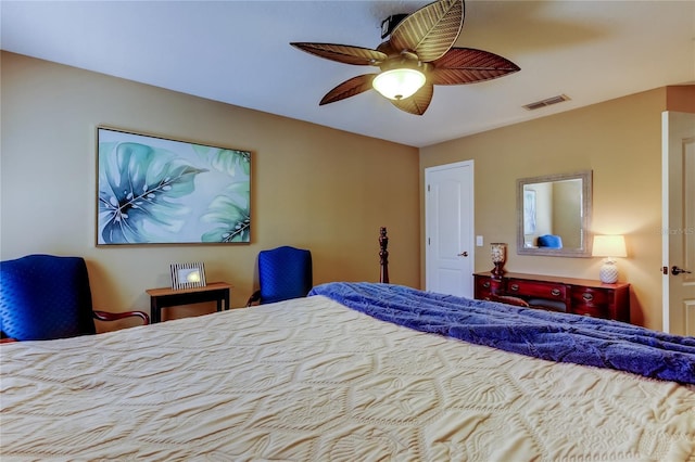 bedroom featuring visible vents and a ceiling fan