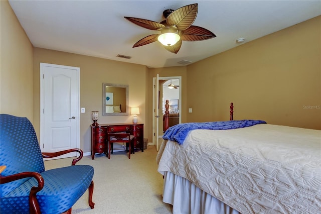 bedroom with ceiling fan, baseboards, visible vents, and light carpet