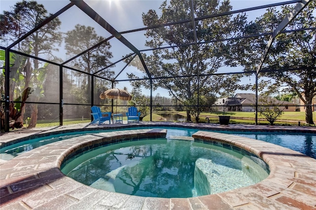 view of swimming pool with glass enclosure, a patio area, and a pool with connected hot tub