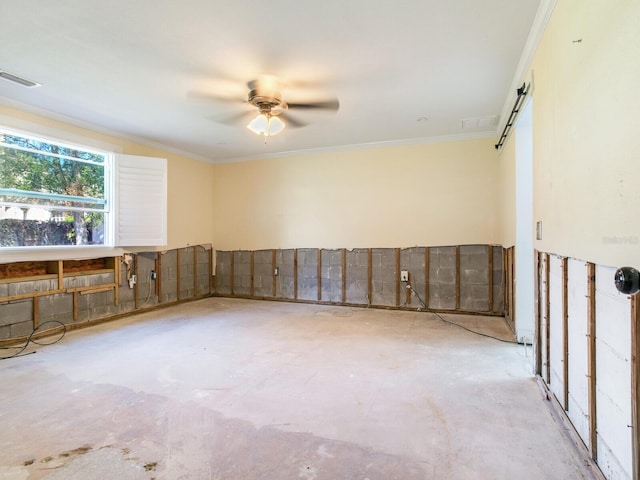 unfurnished room featuring visible vents, ceiling fan, unfinished concrete floors, and crown molding