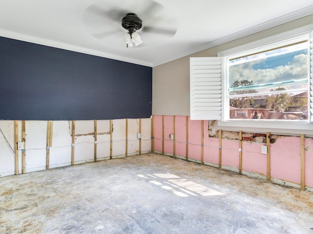 unfurnished room featuring crown molding, unfinished concrete floors, and a ceiling fan