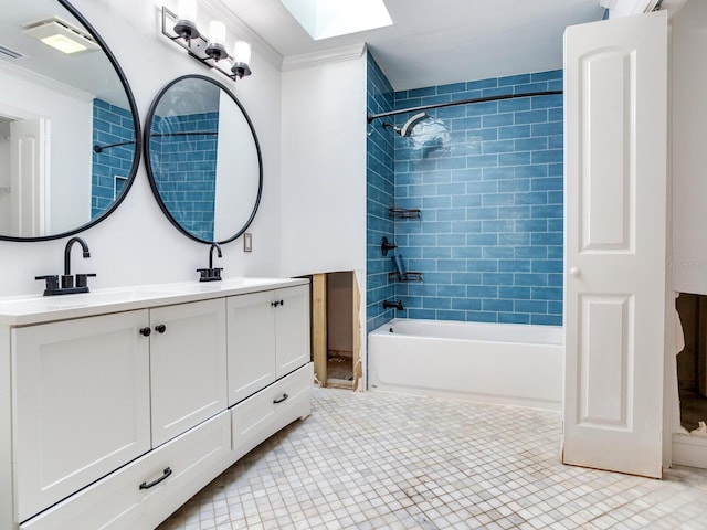 bathroom featuring double vanity, a skylight, ornamental molding, a sink, and shower / bathtub combination