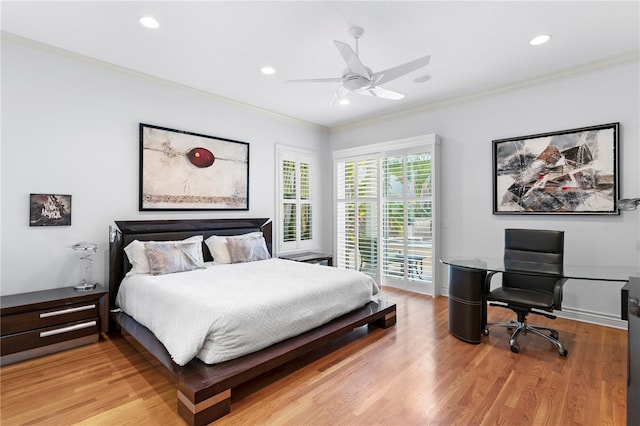 bedroom featuring light wood finished floors, recessed lighting, access to exterior, and ornamental molding