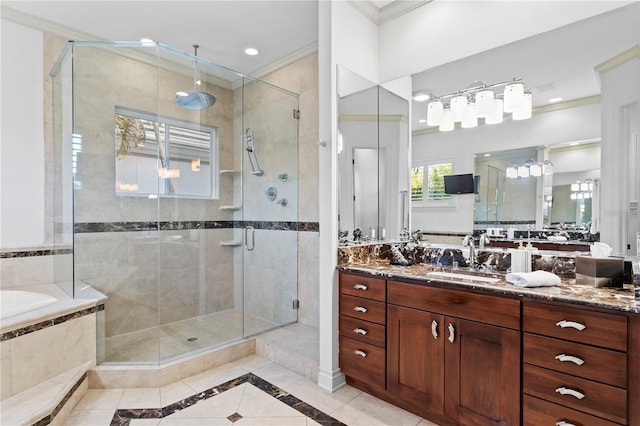 full bath featuring vanity, a stall shower, ornamental molding, tile patterned flooring, and a bath