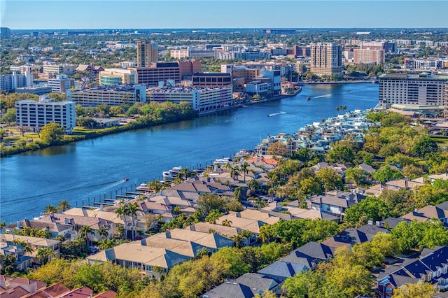 aerial view featuring a water view and a city view