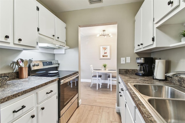 kitchen with light wood-type flooring, under cabinet range hood, a sink, stainless steel electric stove, and white cabinetry