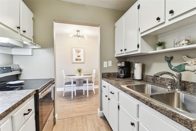 kitchen featuring white cabinetry, open shelves, electric stove, and a sink