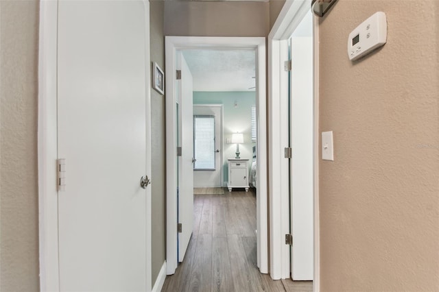 hall featuring wood finished floors and a textured wall