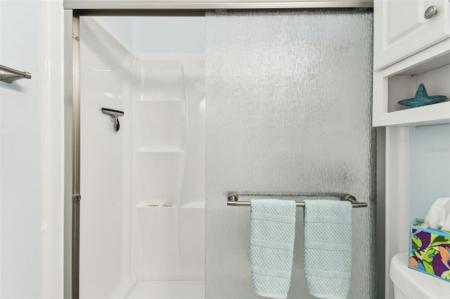 full bathroom featuring toilet and a stall shower