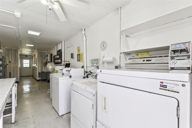 shared laundry area with washing machine and dryer and a ceiling fan