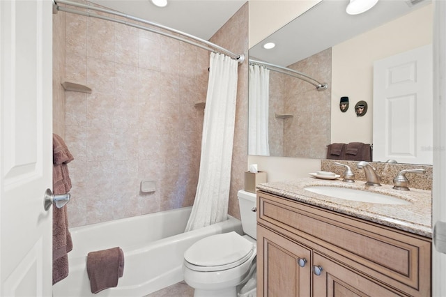 bathroom with vanity, toilet, and shower / tub combo with curtain