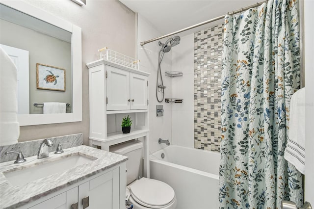 bathroom featuring toilet, vanity, and shower / bath combination with curtain