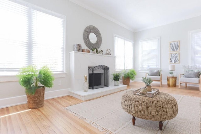 living area featuring plenty of natural light, wood finished floors, baseboards, and ornamental molding