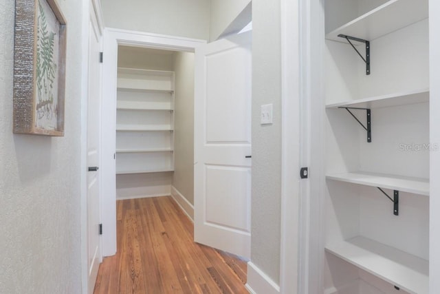 walk in closet with wood finished floors