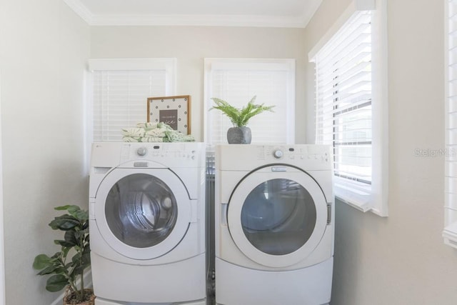 laundry room featuring laundry area, washing machine and dryer, and crown molding